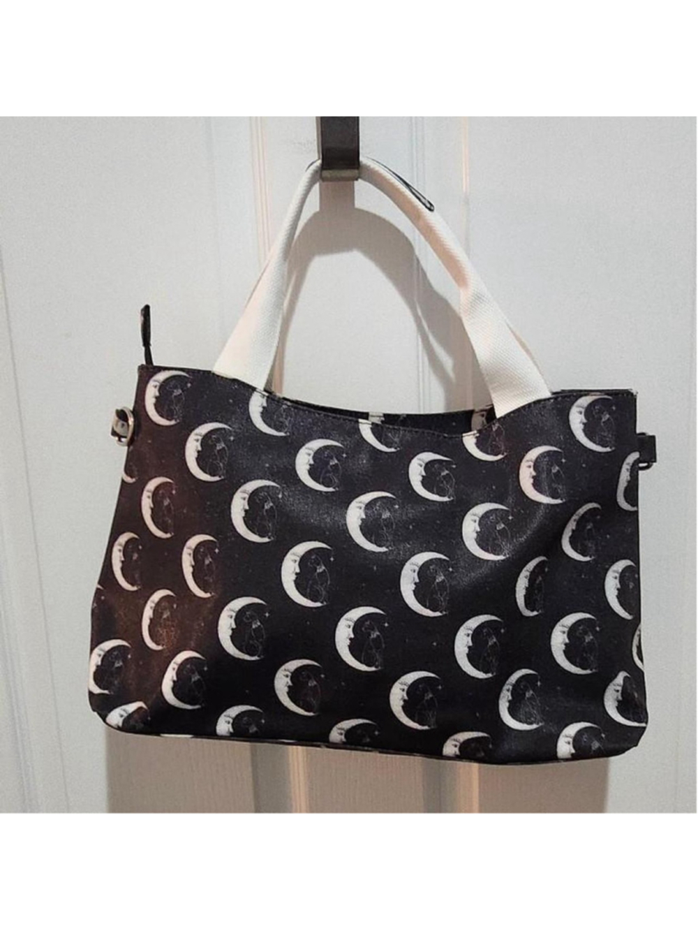Halloween purse: black & white moon pattern tote bag with white crescent moons a